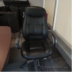 Black Leather High Back Rolling Meeting Chair, Arm, Silver Trim